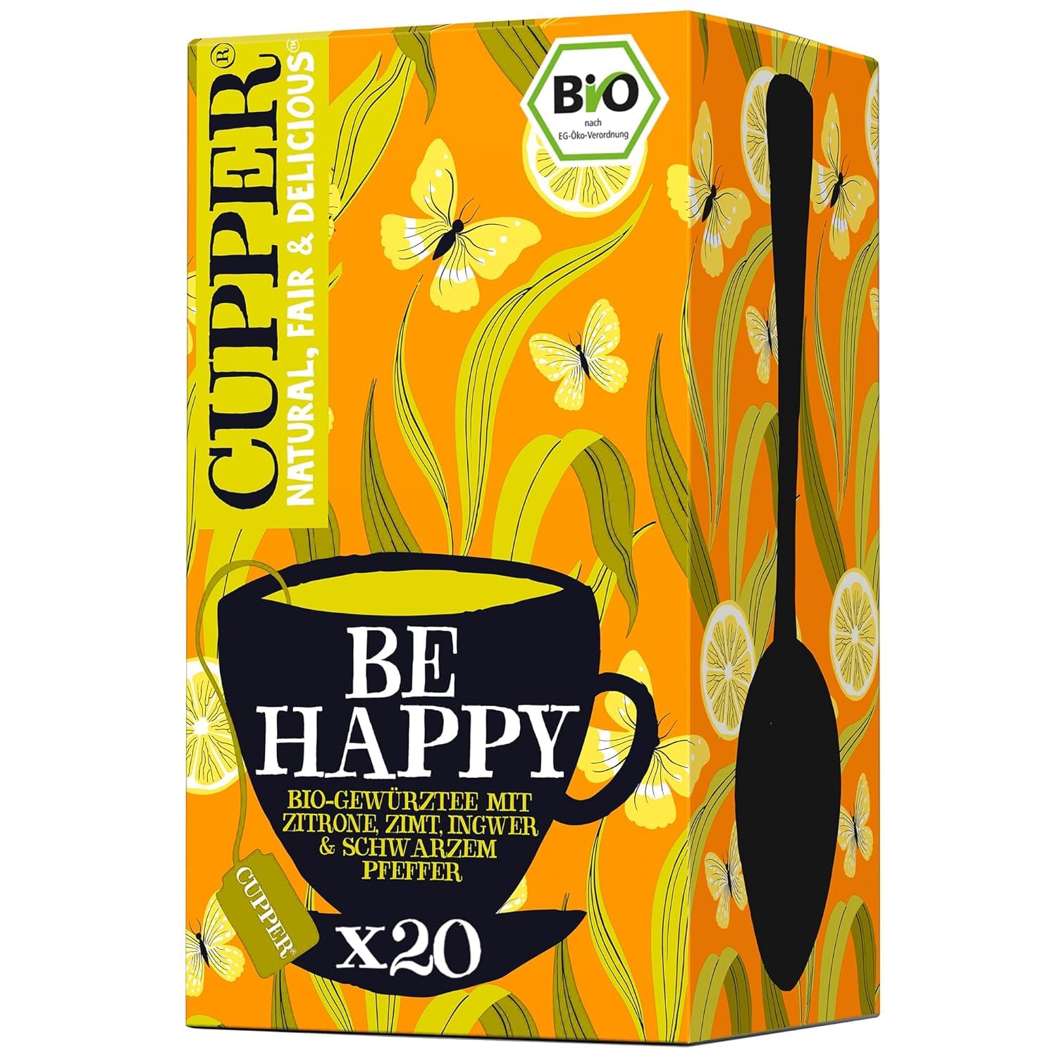 Cupper Be Happy Bio-Gewürztee mit Zitrone, Zimt, Ingwer und Schwarzem Pfeffer, 40 g , 20 Stück (1er Pack)