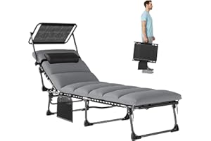 Outsunny Lounge Chair Outdoor, Folding Chaise Lounge with 5-Level Adjustable Back, Canopy, Cushion, Side Pocket and Headrest,