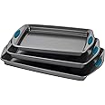 Rachael Ray Bakeware Nonstick Cookie Pan Set, 3-Piece, Gray with Marine Blue Grips