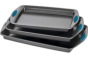 Rachael Ray Bakeware Nonstick Cookie Pan Set, 3-Piece, Gray with Marine Blue Grips