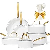 Ceramic Cookware Set, VONIKI 16 Pcs Pots and Pans Set Non Stick, Kitchen Cookware Sets with Cooking Utensils Set, Non Toxic Cookware Set White Gold Pan Set for Cooking Pot Oven & Dishwasher Safe, Gift
