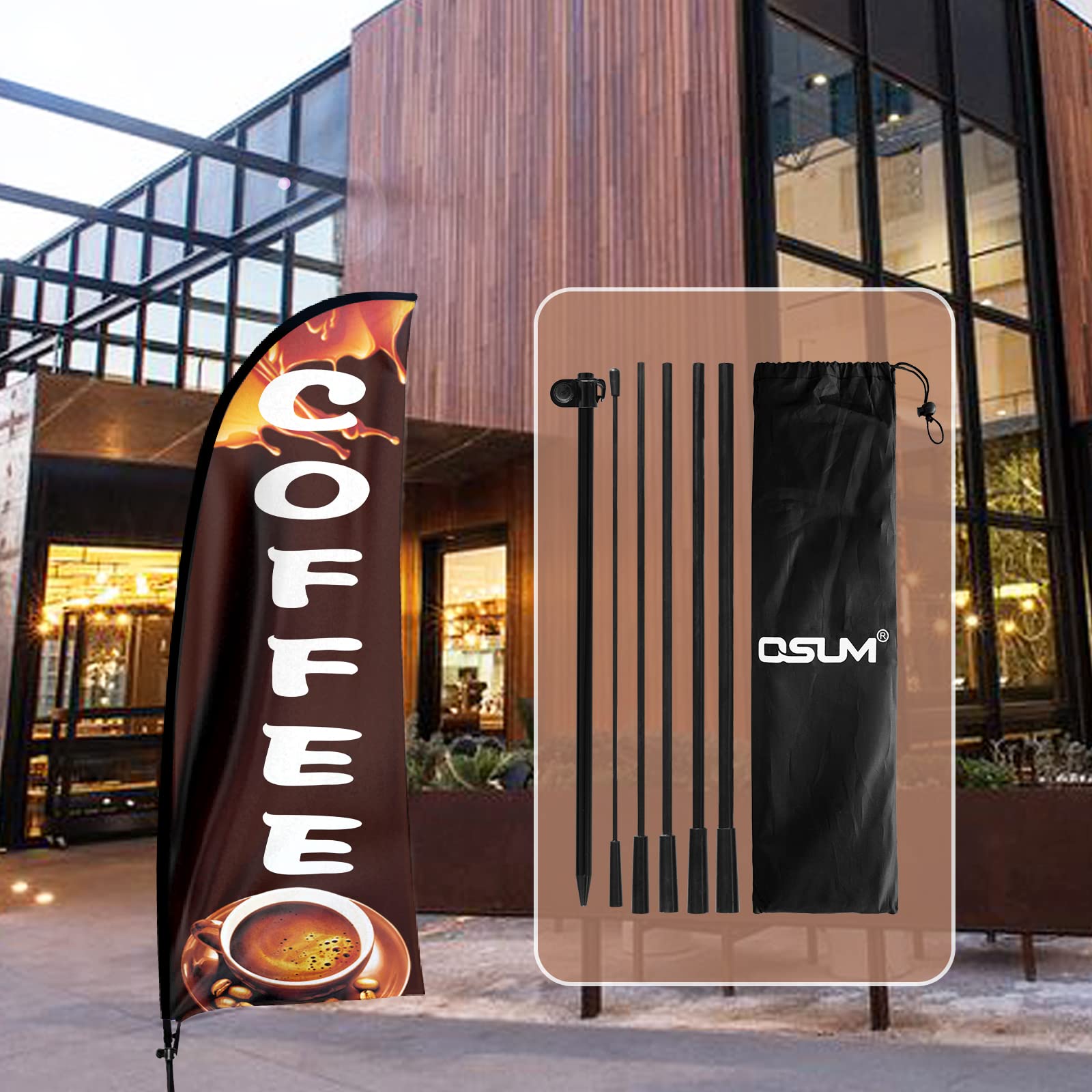 QSUM Black Coffee Feather Flag and Pole Kit 7 FT Black Coffee Signs for Business Swooper Flag Advertising Flag with Ground Spike for Coffee shop
