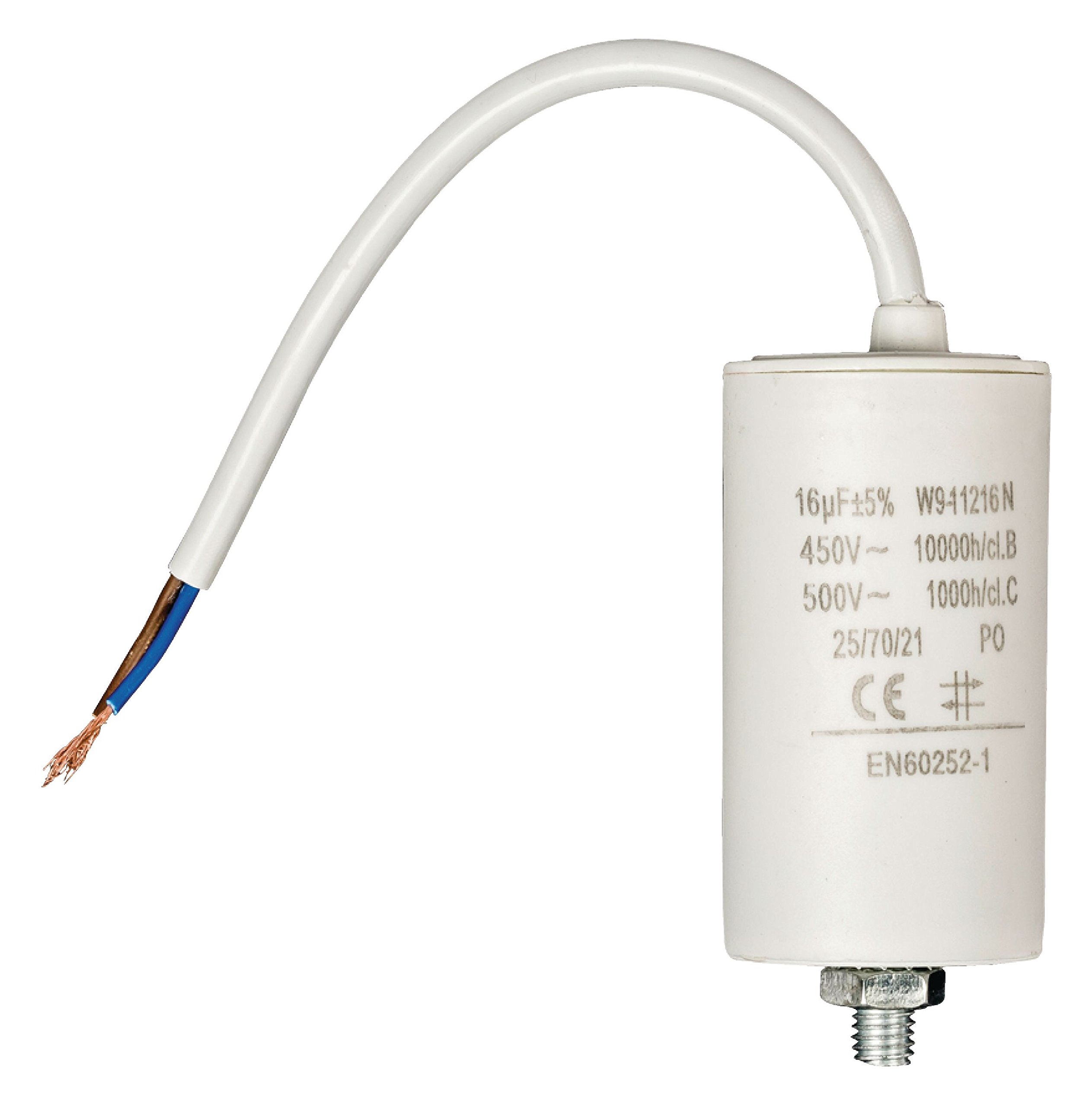 Invero Washing Machine Motor Capacitor 16.0uf - 450V Wired 250mm Cable - Dimensions: 40 x 73 mm - White
