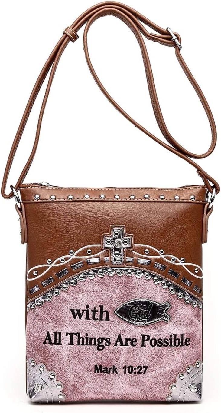 Cowgirl Trendy Cross, Fish and Bible Verse Crossbody Messenger Bag