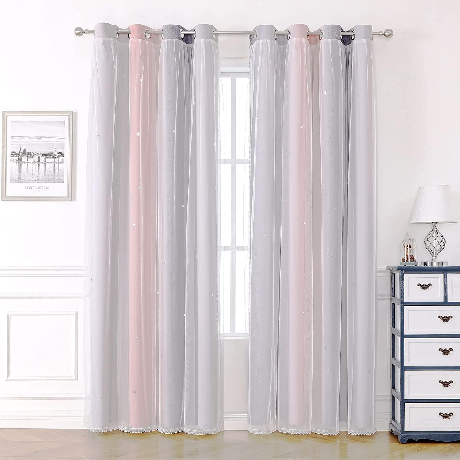 Blackout Curtains for Living Room Eyelet Bedroom Home Nursery Kids Girls, 2 Panels 52 x 63 inch Drop Thermal Insulated White Voile Net Curtains for Windows Winter,Star Pink Grey