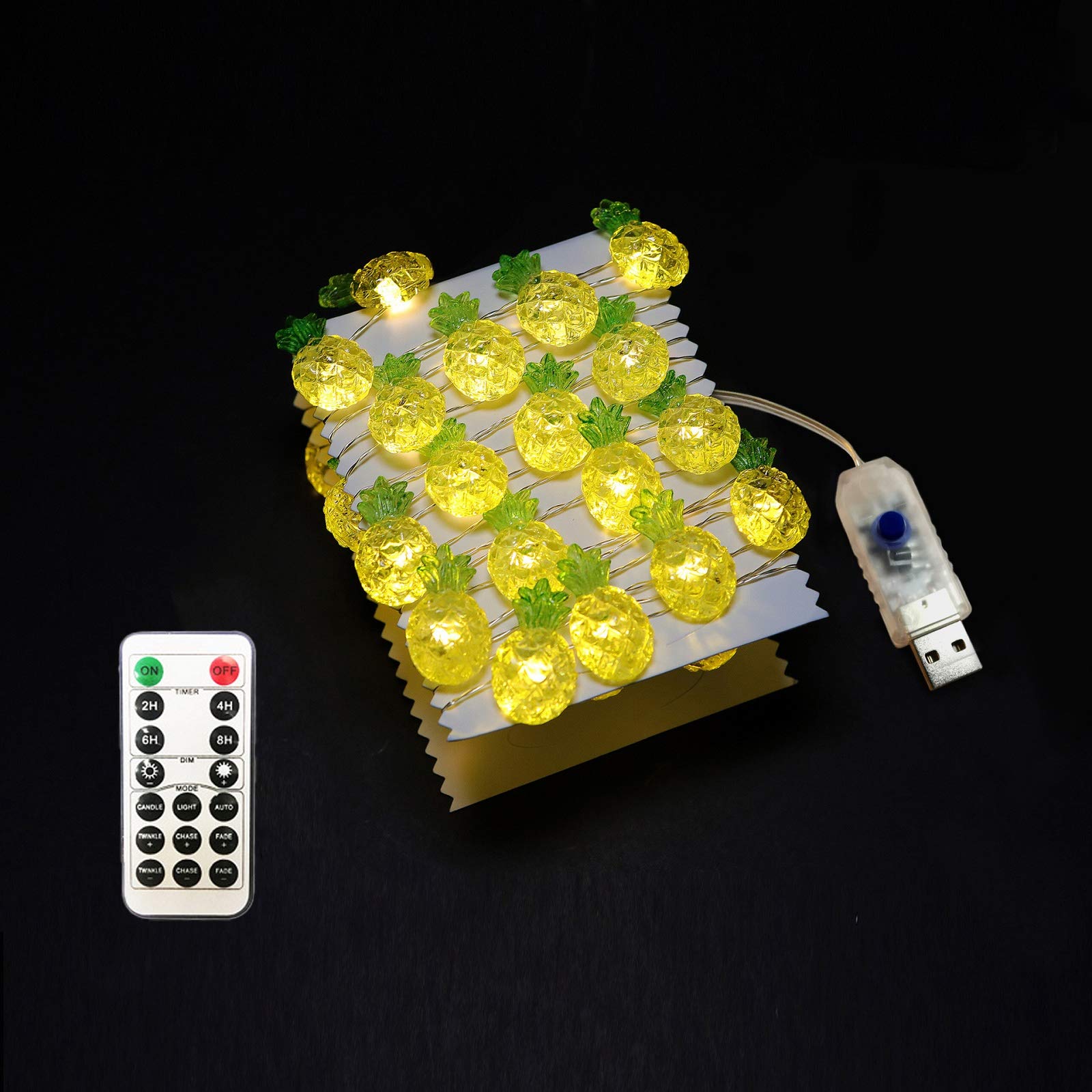 Riaxuebiy Crystal Pineapple String Lights Starry Fruit Light Strand 14ft 40 LED Decorative Fairy Light USB Powered with 8 Modes Remote Control Timer for Bedroom Christmas Halloween (Pineapple, 40LED)
