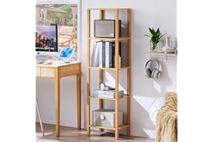 YUFAM 54in Tall Bookshelf 5-Tier Small Narrow Bookcase, Skinny Book Shelf for Small Space, Farmhouse Slim Shelf with Storage, Wood Freestanding Display Thin Bookshelves for Living Room, Natural