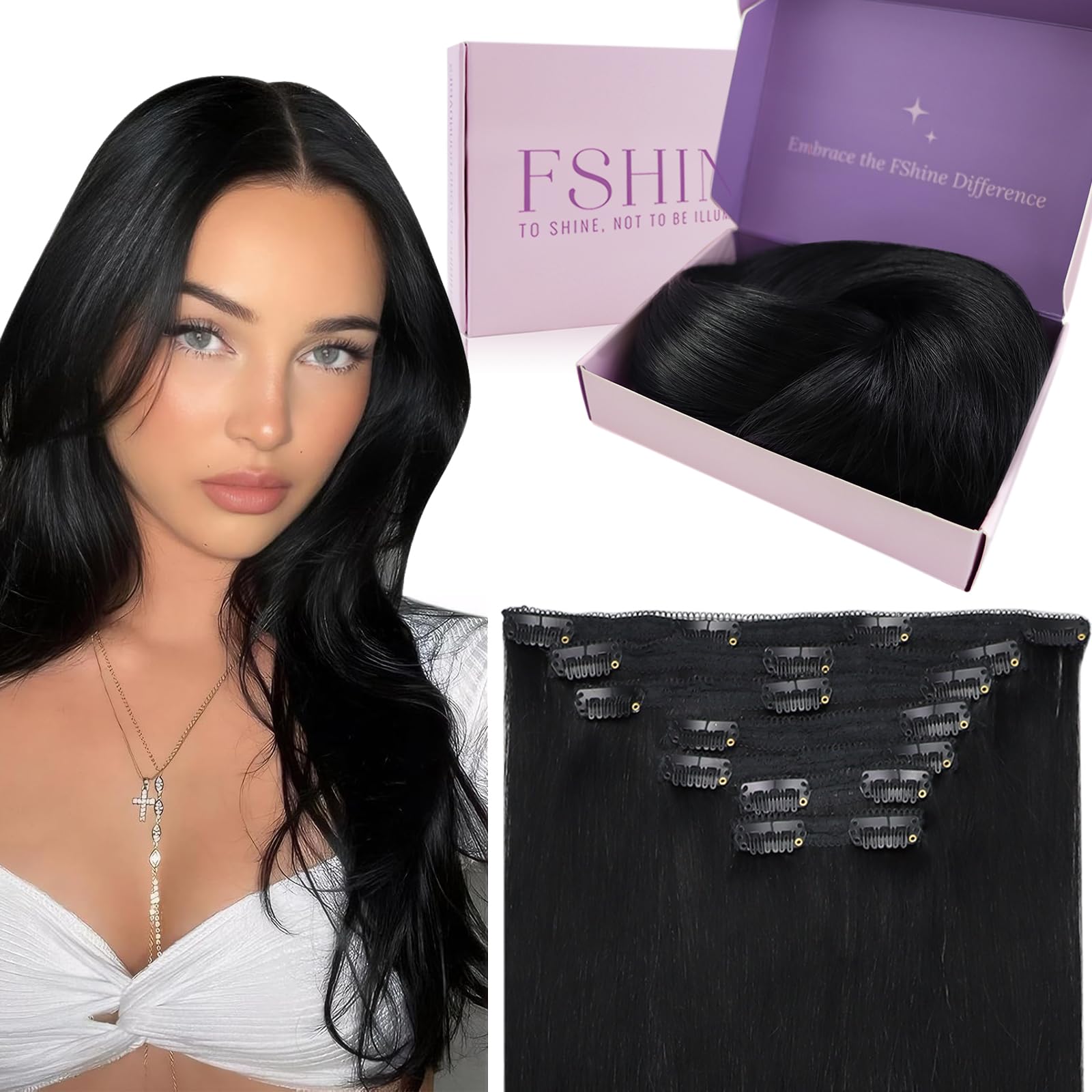 Fshine Hair Extensions Clip in Jet Black Clip in Hair Extension 20 inch 7pcs Silky Straight Clip in Hair Extension Real Human Hair 120 g