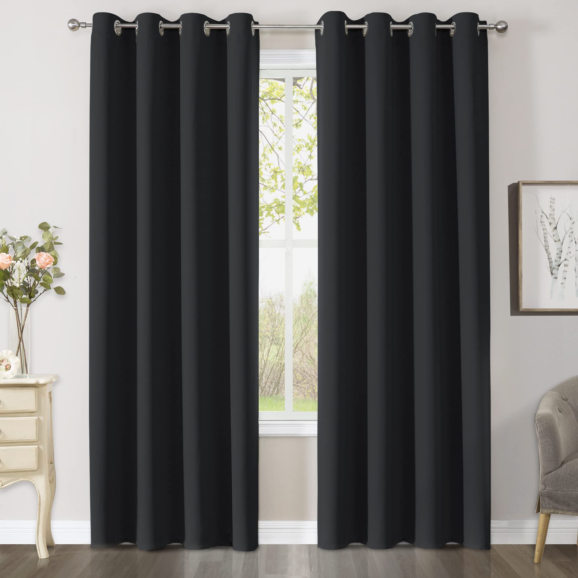CUCRAF Blackout Curtains for Bedroom and Living Room - 2 Panels, Black, 90 Inch Drop, Thermal, Eyelet, Soundproof Room Dividers, W46 x L90
