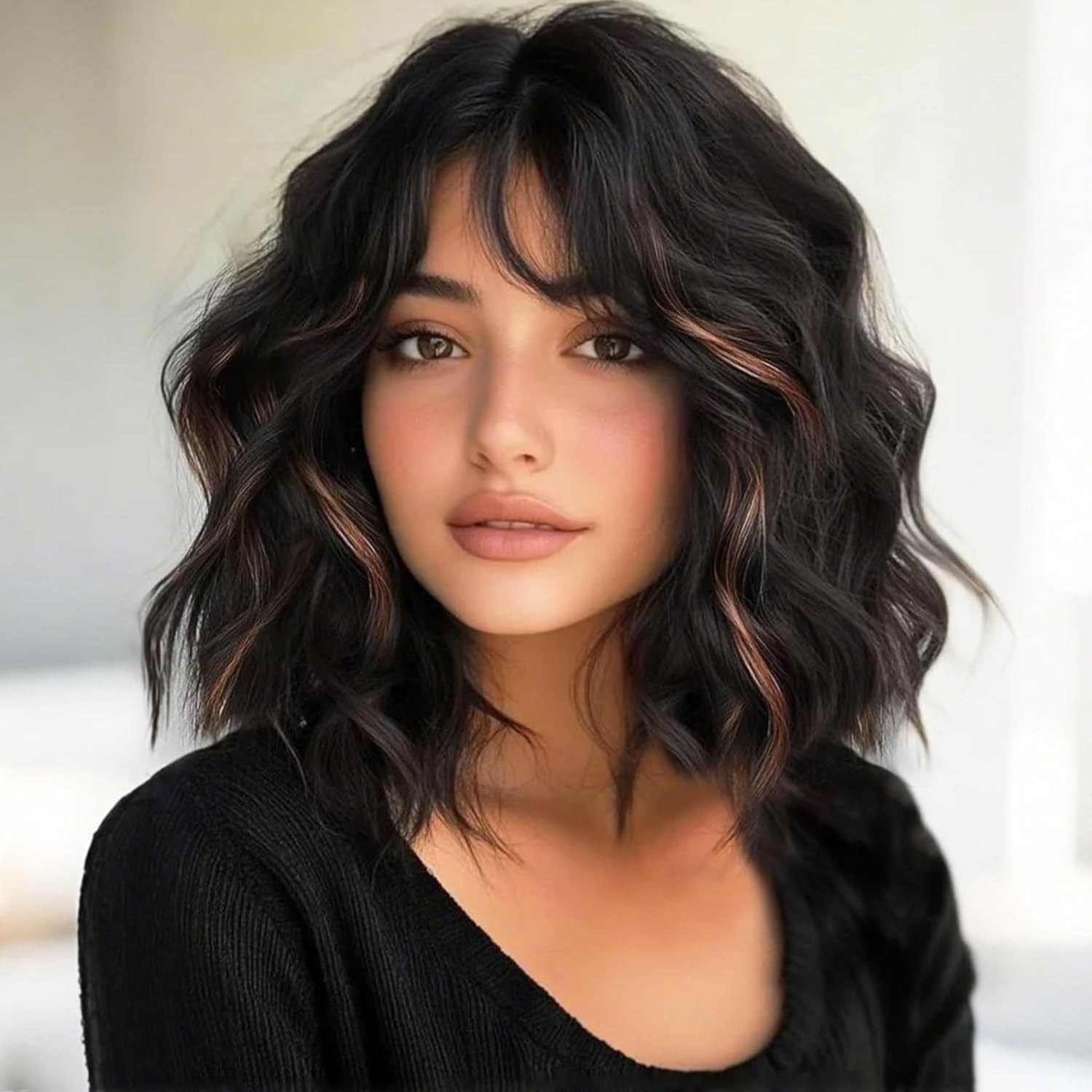 PORSMEER Short Wavy Bob Black Mixed Brown Highlight Wig with Fringe Natural Looking Synthetic Hair Wigs for Women Party Or Daily Wear — image 1