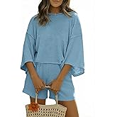 Tankaneo Womens Short Sets 2 Piece Outfits 3/4 Sleeve Tops and Elastic Waist Shorts Lounge Set Casual Loungewear