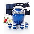 GR8 Large Blue Marble Finish Cremation Urn with 4 Keepsake Urns - Decorative Recycled Aluminum Memorial Urns for Ashes - Adult Male and Women Cremation Urns