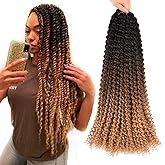 Ombre Passion Twist Hair 22 Inch Long Water Wave Crochet Braids Bohemian Curly Twist Synthetic Braiding Hair Extensions For Black Woman 6 Packs (22inch, Black-dark brown-light brown)