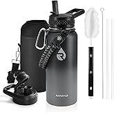 RAYMYLO Insulated Water Bottle 32 oz, Triple Wall Vacuum Stainless Steel (Cold for 48 Hrs), Leak Proof & Non-BPA, Modern Water Flask Jug with Paracord Handle & Straw Spout Lids, Dark Grey