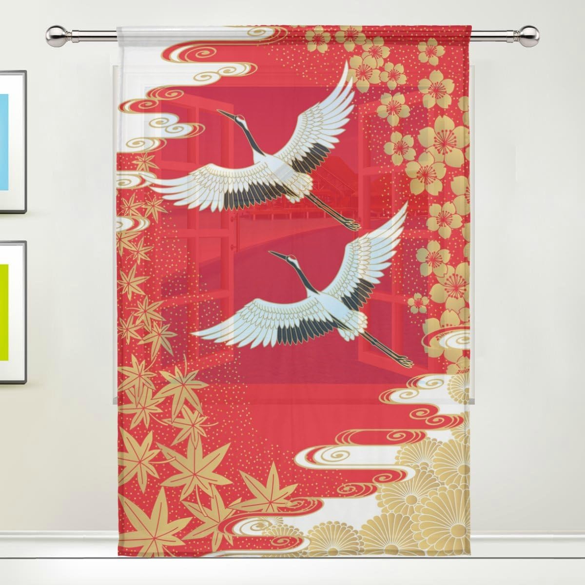 Use7 Paire De Rideaux Japonais Pour Decoration De Salon Chambre A Coucher Motif Grues Japonaises Fleurs De Cerisiers Et Feuilles D Erables Decoration D Interieur 139 70 X 198 12 Cm Amazon Fr Cuisine Maison