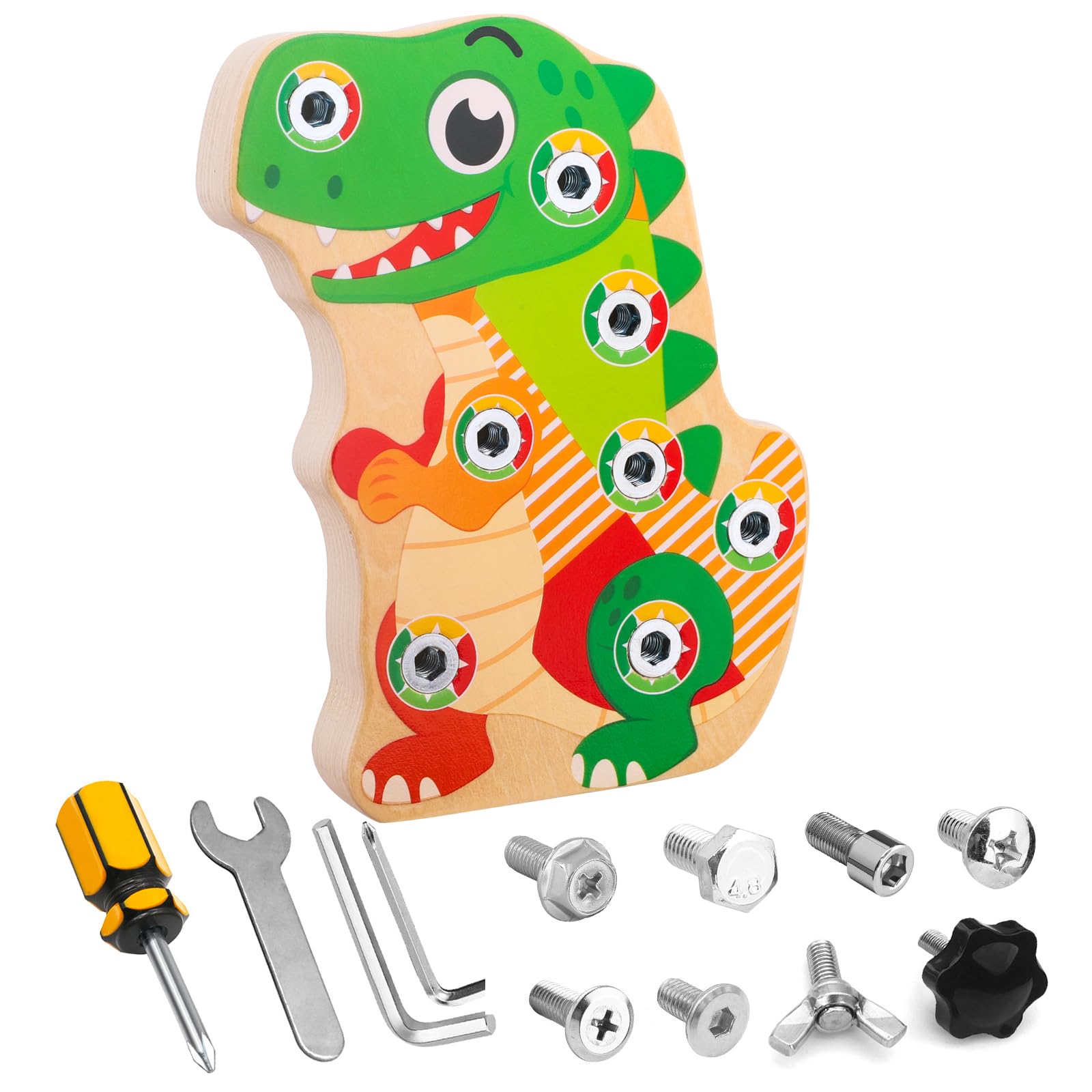 Liangding Montessori Dinosaur Screw Board Toy, Wooden Busy Board with 8 Screws & Tools, Fine Motor Skills STEM Learning for Toddlers 3-5, Gift for Boys & Girls
