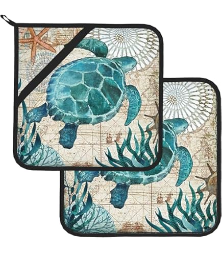 2 Pack Vintage Sea Turtle Pot Holders For Kitchen Nautical Turquoise