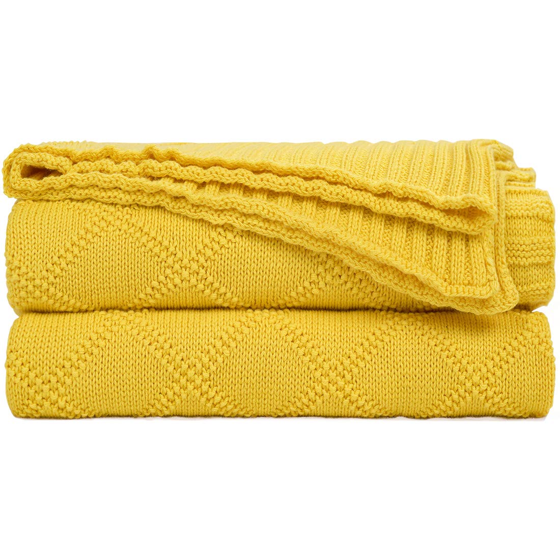 PiccoCasa 100% Cotton Knit Throw Blanket, 50x60 Inch - Soft Lightweight Decorative Knitted Blankets for Couch, Bed, Sofa, Travel - Diamond Pattern, Yellow