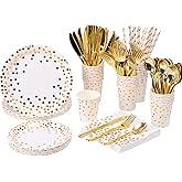 200Pcs Gold Party Supplies - Gold Paper Plates & Napkins Cups Silverware Serves 25 Sets for Wedding Bridal Shower Engagement Birthday Parties (Gold dot)