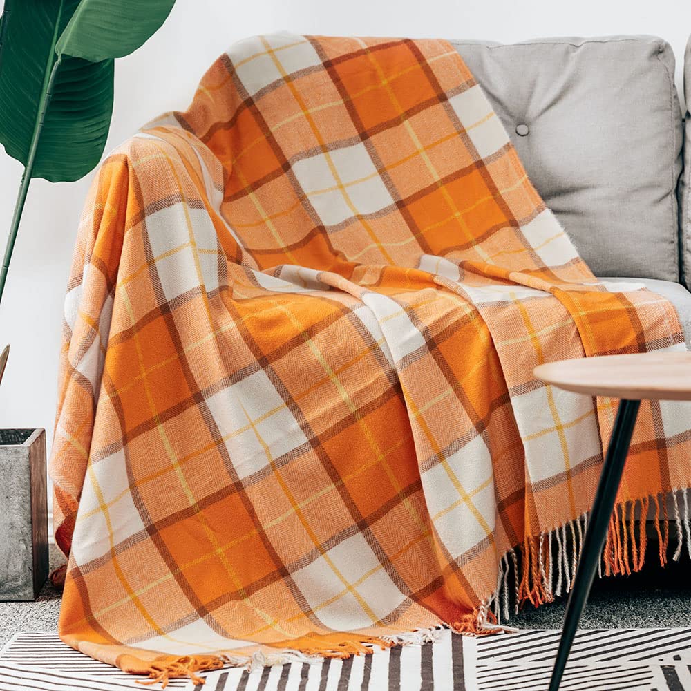 Photo 1 of LALIFIT Decorative Faux Cashmere Throw Blankets Soft Fluffy Classic Orange Plaid Fringe Throw Blanket with Tassels Cozy Lightweight for Home Couch Sofa Farmhouse Halloween Decor 50" x 60" (Pumpkin)