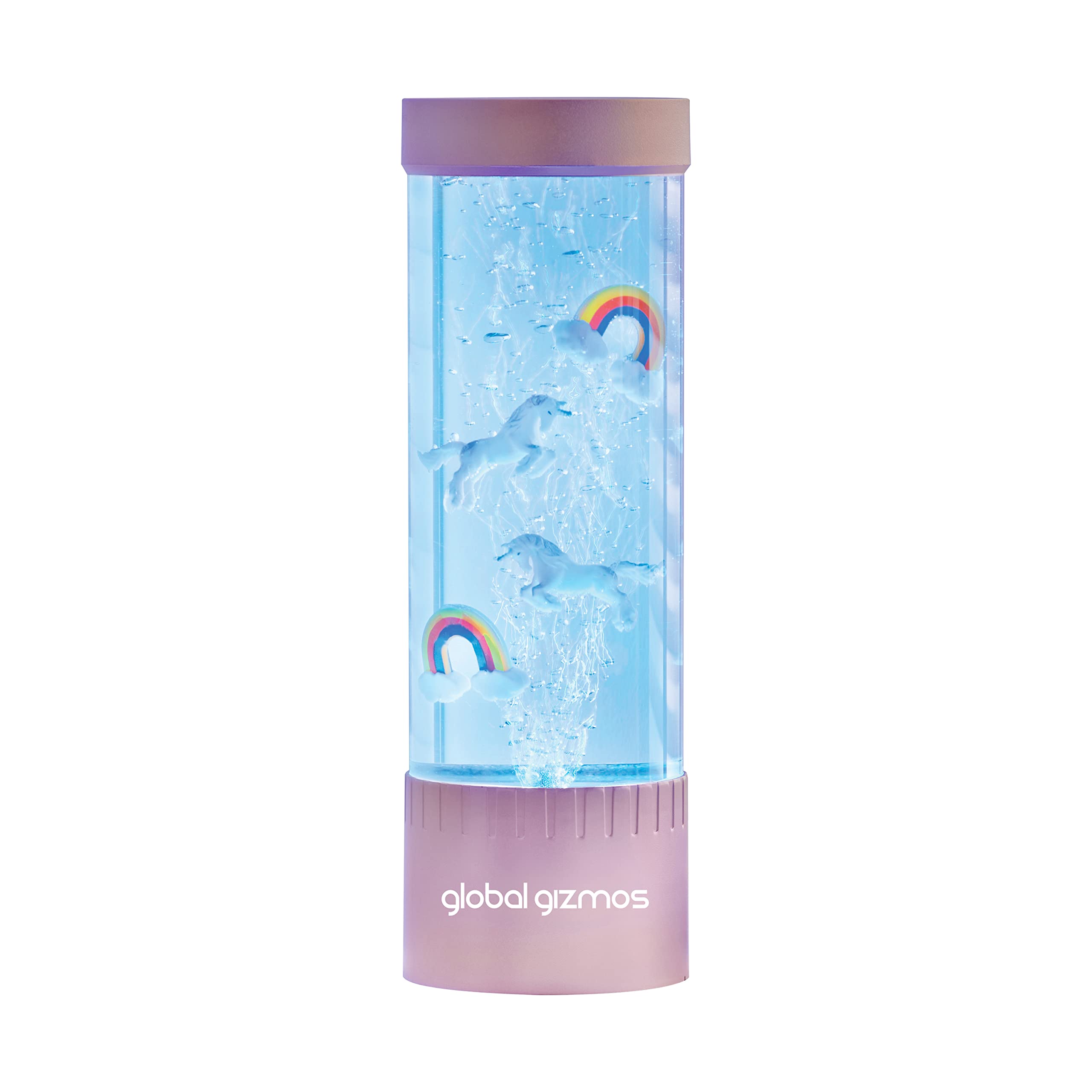 Global Gizmos Magical Unicorn Rainbow Bubble Lamp/Rose Gold Base with Colour Changing Liquid/Relaxing Bubbles / 7 Changing Colours/Atmospheric Mood Light