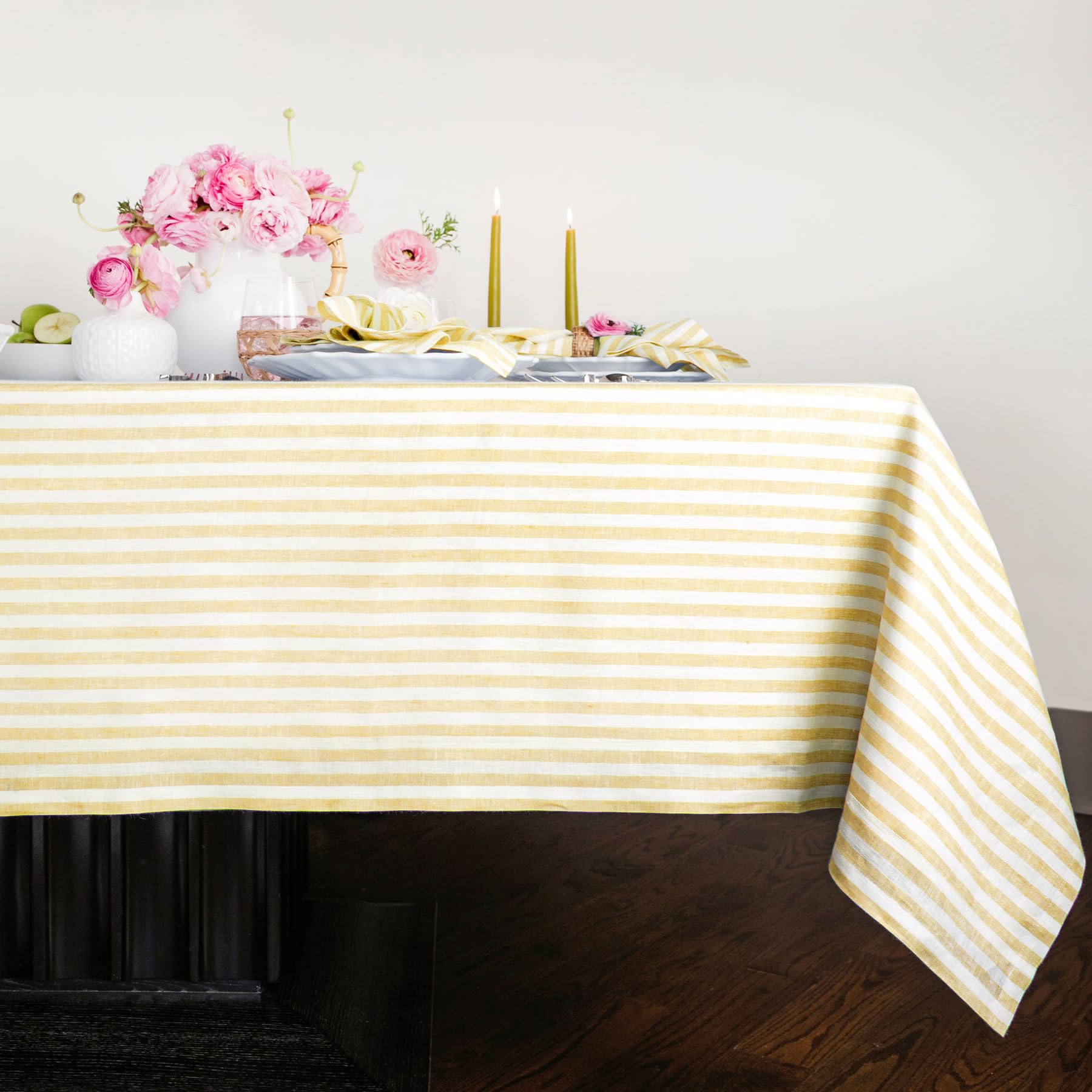 Photo 1 of Solino Home Stripe Linen Tablecloth 90" L x 60" W Inch – 100% Pure Linen Primrose Yellow and White Spring Tablecloth – Farmhouse Rectangle Tablecloth – Amalfi Stripe