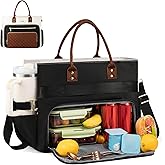 LOVEVOOK Insulated Lunch Bag, Large Capacity Tote with Lunch Compartment, Laptop Bag with Cup Holder, Work Bags for Women, Nurse Lunch Tote for Office, Picnic, 17.3 Inch Black-Beige-Brown
