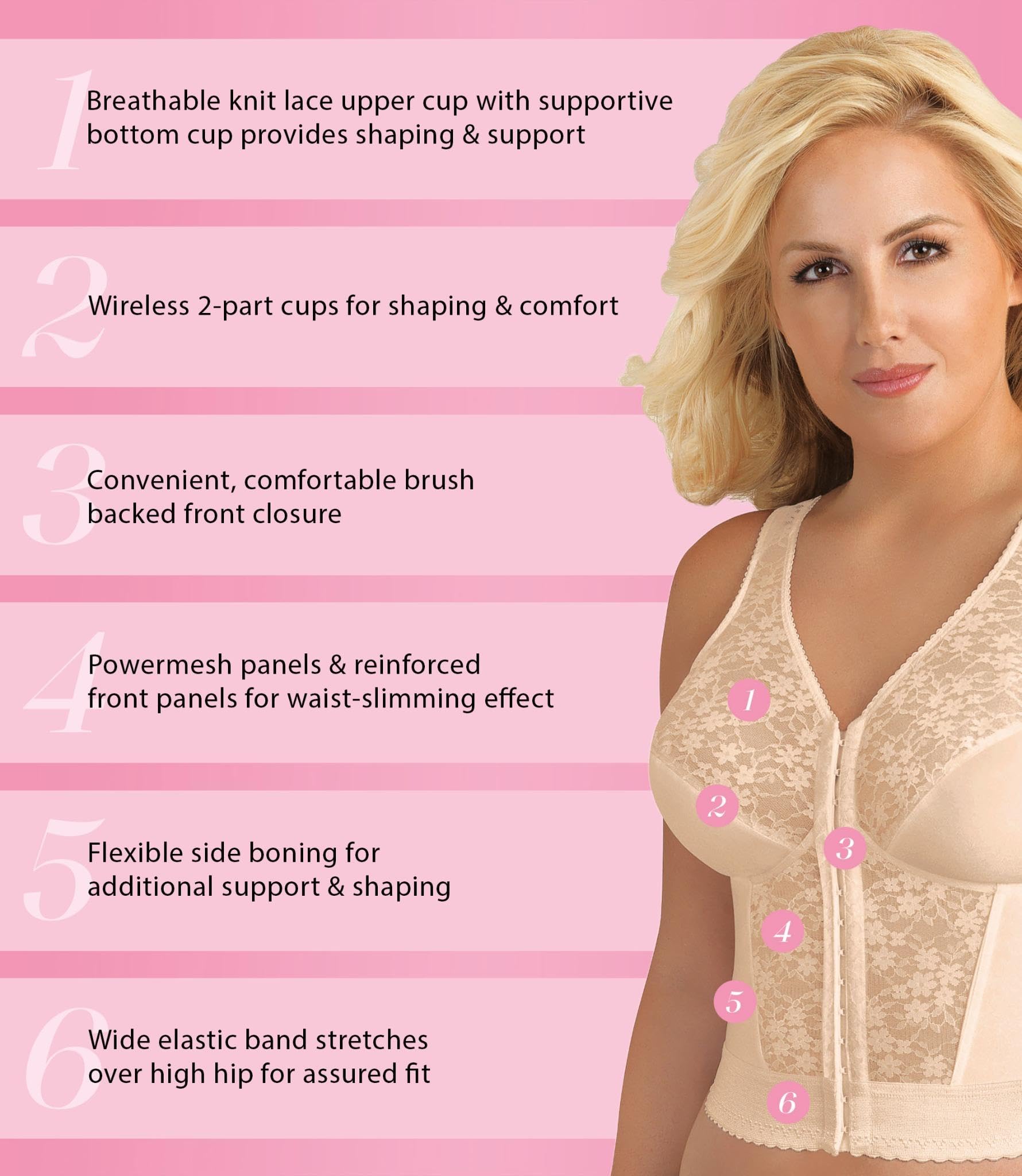 Exquisite Form 5107565 Fully Slimming Wireless Back & Posture Support Longline Bra with Front Closure & Lace