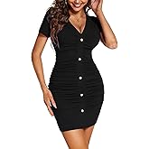 Beyove Summer Casual Ruched Bodycon Ribbed Sexy V Neck Button Down Stretchy Fitted Cocktail Party Club Mini Dresses