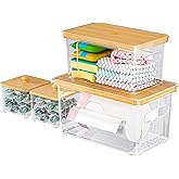 FELIZHOUSE 4 Pack Trash Bag Holder with Bamboo Lid, Stackable Garbage Bag Dispenser Under Sink, Storage Organizer for Kitchen, Laundry, Pantry (S+S+M+L)