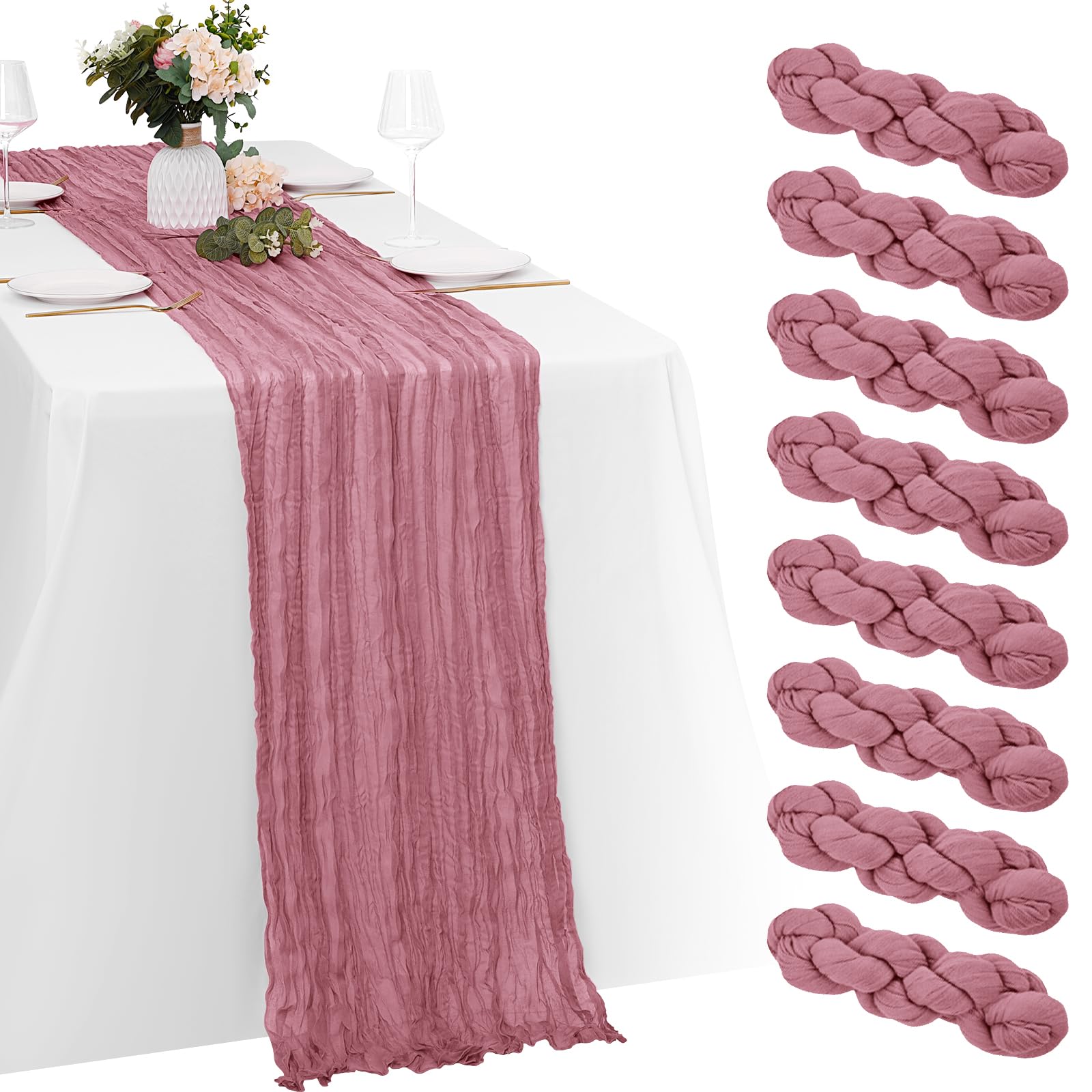 Photo 1 of 8 Pack Dusty Rose Cheesecloth Table Runners 20x120 Inch Gauze Table Runner 10FT Easter Cheese Cloth Table Runner Rustic Sheer Runner for Wedding Baby Shower Birthday Party Table Decor