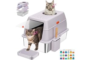 BEST JAJA Stainless Steel Litter Box with Lid, SUS304 Metal Cat Litter Box, Enclosed Extra Large Kitty Litter Box High Wall, Jumbo Cat Litter Box with Triple Pedal, Non-Sticky, Anti-Leakage (XL Purple)