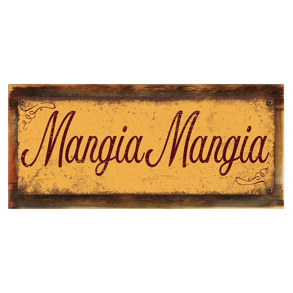 Wood-Framed, Mangia Mangia Metal Sign, Framed 4"x12", Spanish, Welcome, Rustic, Home Décor, Hand-Made