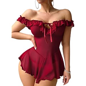 Lingerie for Women Sheer Mesh Babydoll Ruffle Chemise V Neck Sleepwear | Off Shoulder Dress, Sexy Boudoir Outfits, Plus Size,