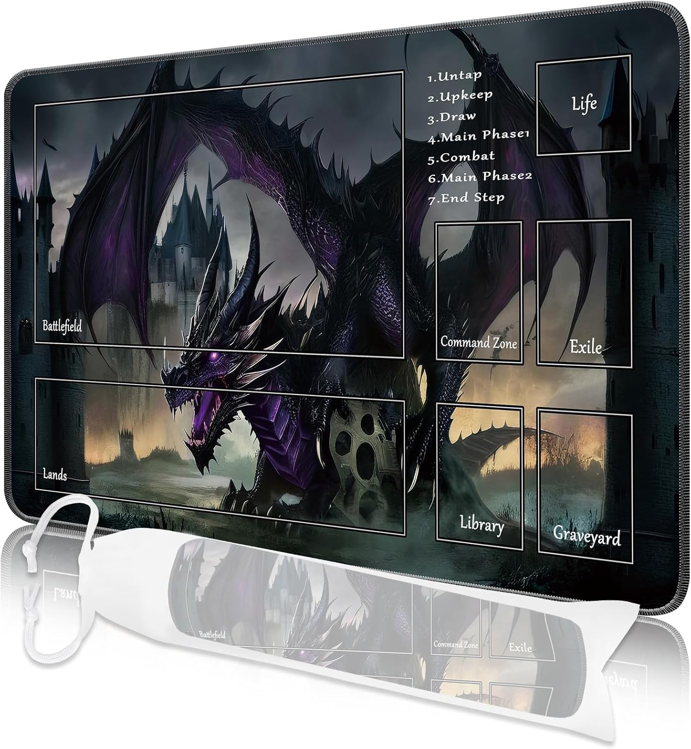 Nkddert MTG Playmat, 24x14in TCG Card Playmat Stitched with Magic Zone MTG Commander Playmat Thicker Board Game Dragon Designs Play Mat with Storage Bag