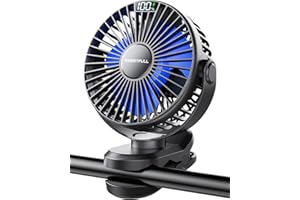 SWEETFULL Portable Clip on Fan - Battery Operated Stroller Fan, 4000mAh Small Rechargeable Fan with LED Display, 4 Speeds, Mi