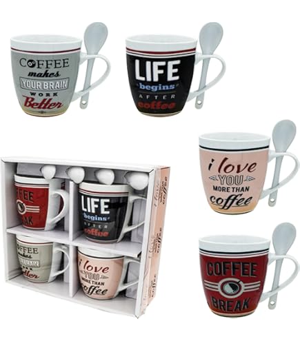 Amazon.com: Mug with Spoon - Ceramic Glazed Set of 4, 5 oz, Beautiful Coffee  Cups, Dishwasher and Microwave Safe, Mini Espresso Cups, Unique Expresso  Mugs with Handle : Home & Kitchen