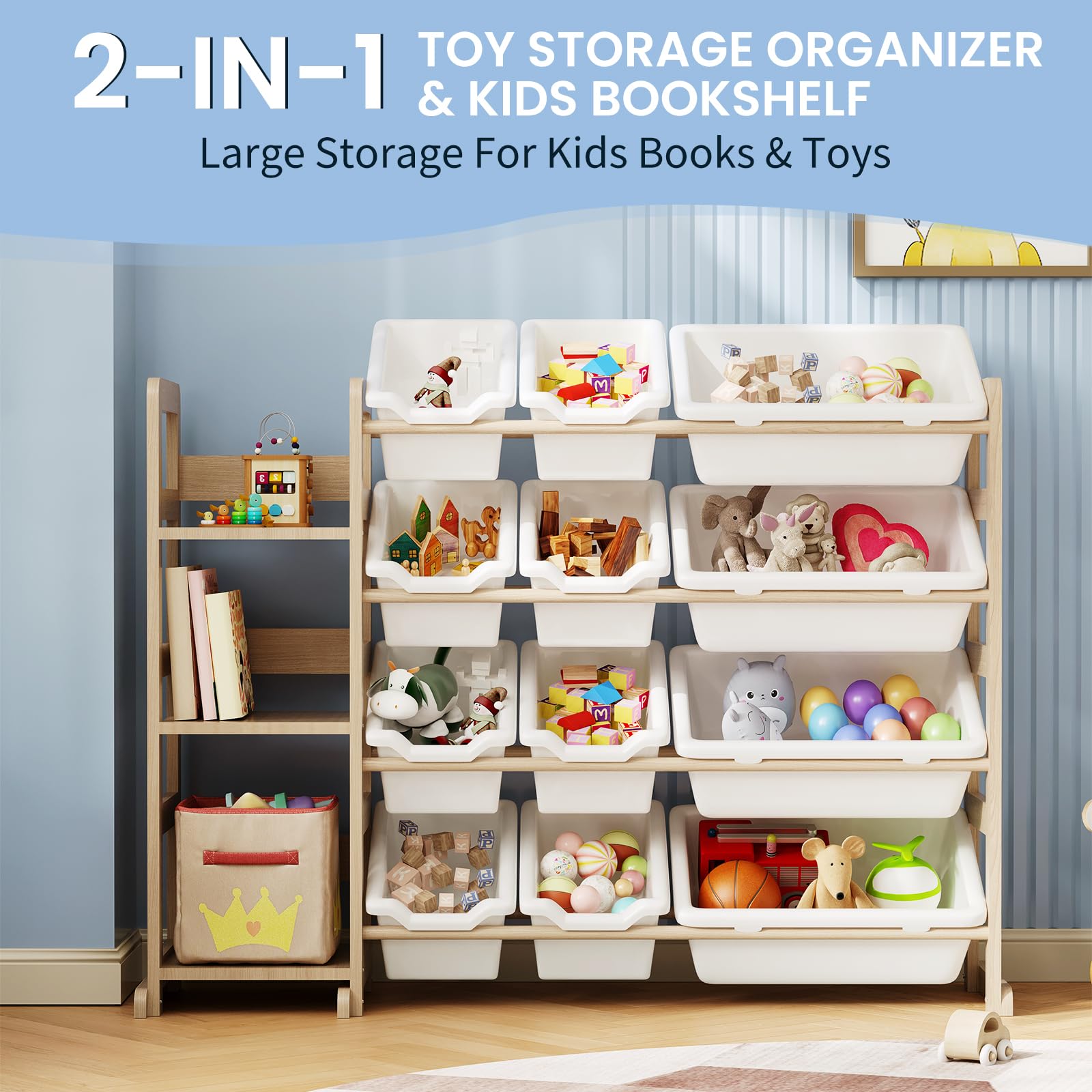 EXPERLAM Toy Storage Organizer - Toy Organizers and Storage with Bookshelf, Toy Storage Shelf with 3 Shelves and 12 Storage Bins, Kids Bookshelf and Toy Storage for Kids Room, Playroom, Nursery, White