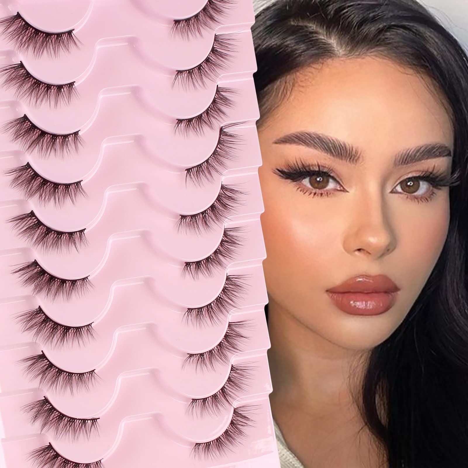 Glowing Win Half Lashes Wispy Cat Eye Lashes False Eyelashes Natural Look 10 Pairs Corner Lashes Handmade Soft 3/4 lashes Fake Lashes Strip Lashes Reusable Fluffy Faux Mink Lashes, 20.0 gram