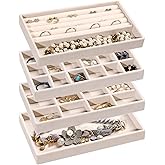 Frebeauty Jewelry Organizer Tray,Stackable Velvet Jewelry Trays,Drawer Inserts Earring Organizer For Women Jewelry Storage Display Case for Rings Stud Necklaces,Set of 4(Beige)