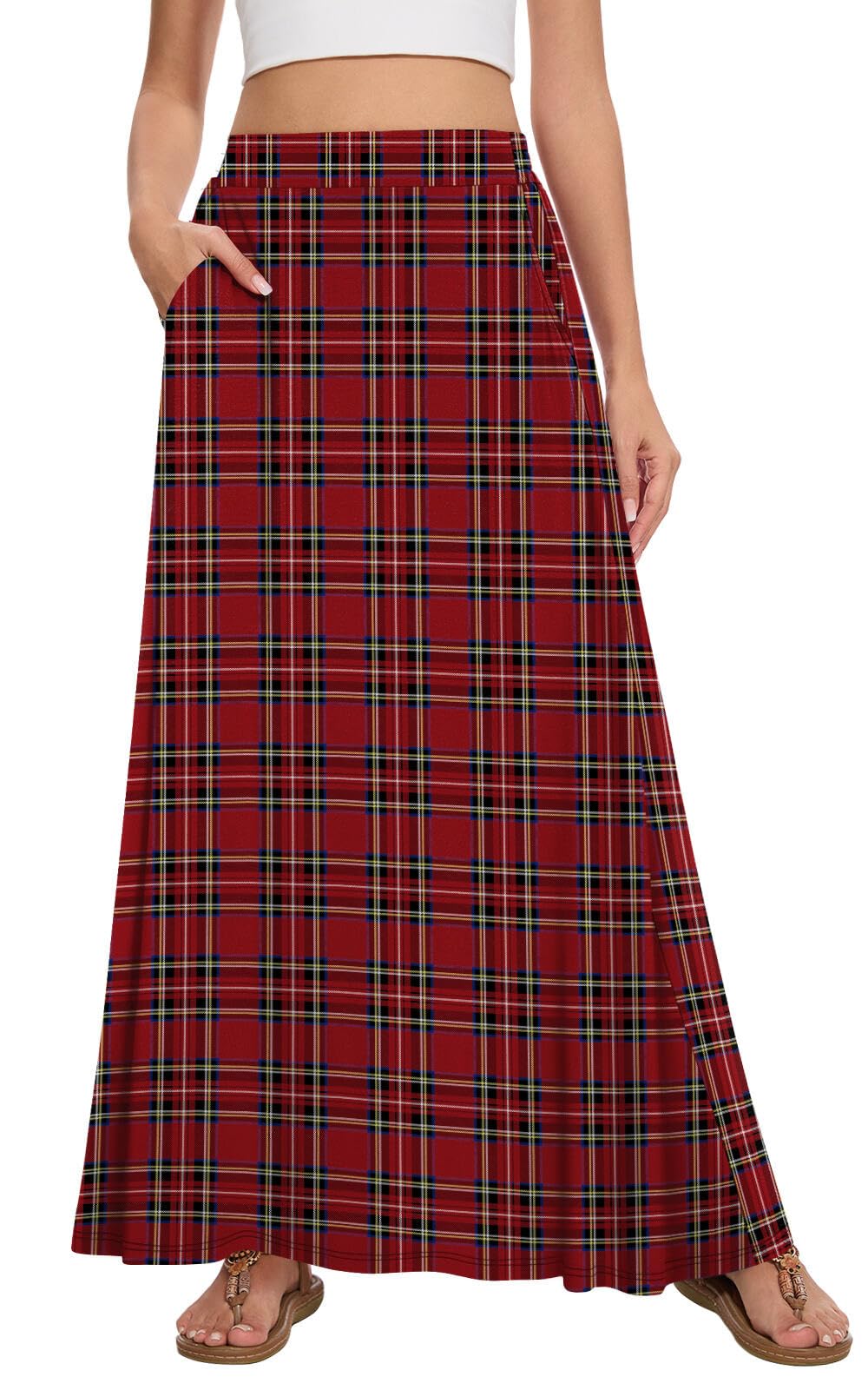 Leafsay Womens Maxi A-line Long Summer Skirt Elastic High Waist Flowy Skirt with Pockets(Red Plaid,XL) Image
