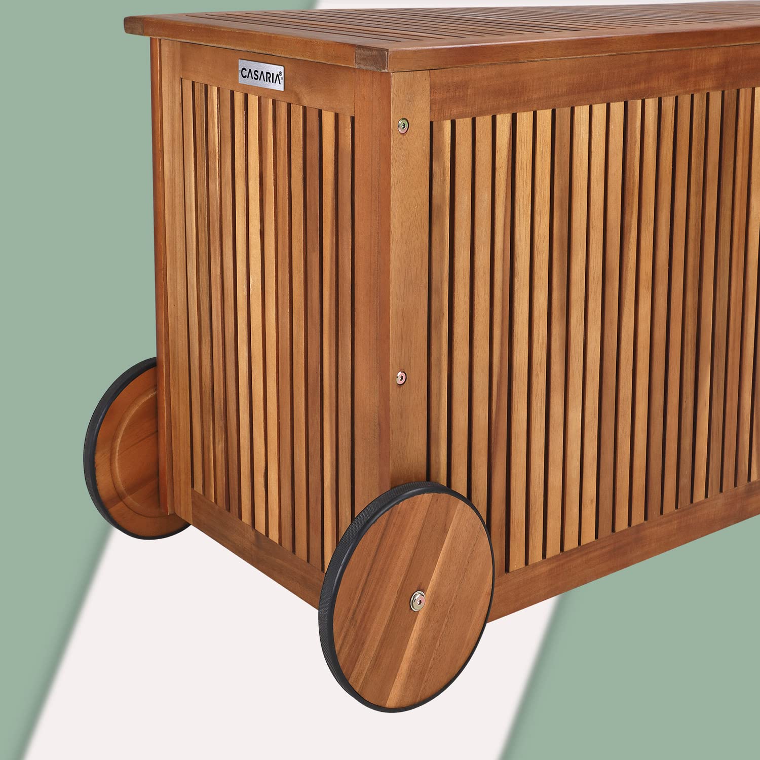 Casaria® Gartenbox Holz 350L Deckel 160kg belastbar Räder Griff Innenplane Ablaufkante Garten Stauraum Box Auflagenbox Akazie Wetterfest 117x52cm 6