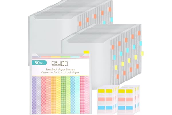 Caydo 50 Pieces Scrapbook Paper Storage Organizer with 120 Pieces Sticky Index Tabs Scrapbook Paper Storage Bags for Holding