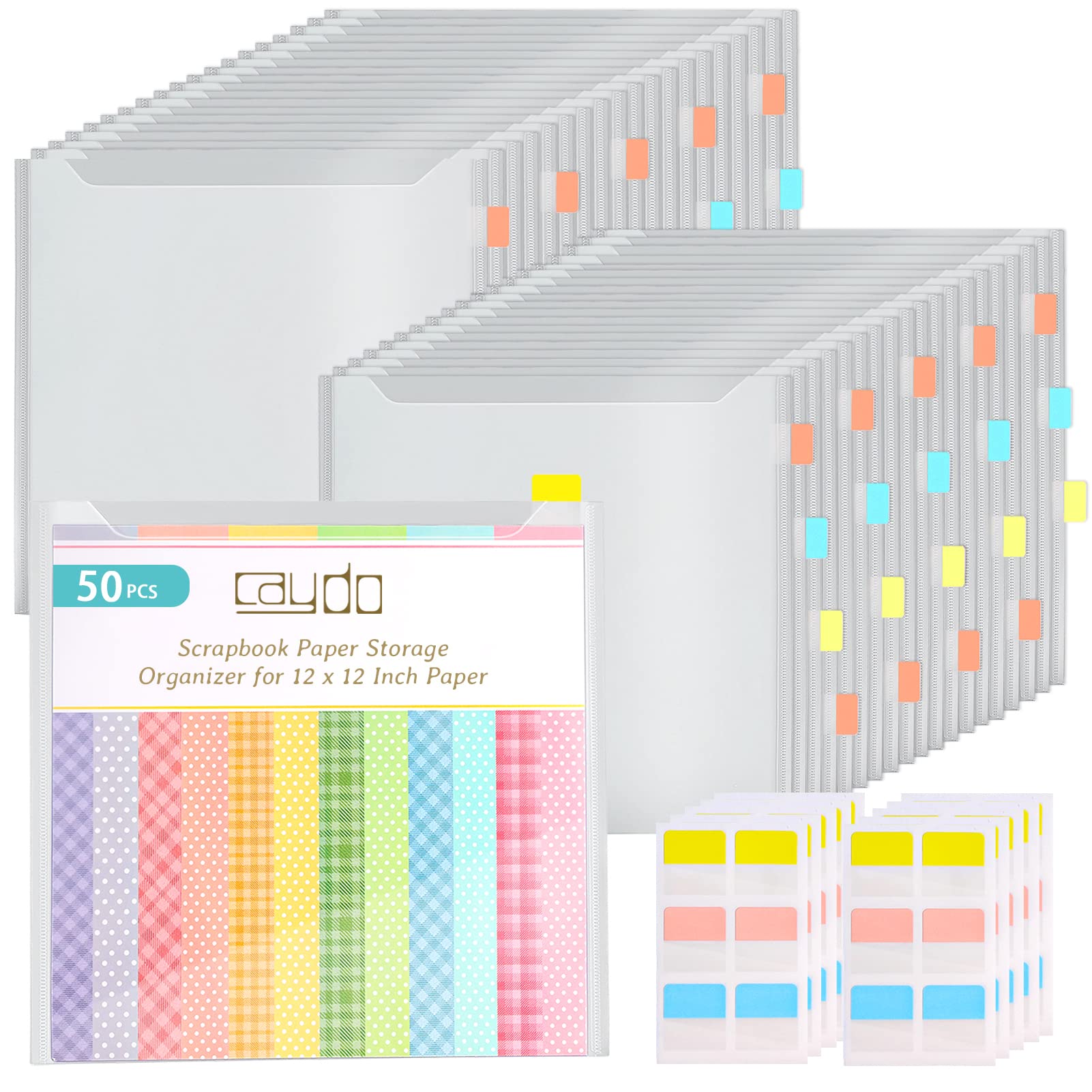 Caydo 50 Pieces 12 x 12 Inch Scrapbook Paper Storage Organizer with 120 Sticky Tabs