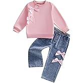 GeogenryToddler baby Girls 2pcs Clothes Cute Bow Sweatshirt Outfits Long Sleeve Crew Neck Tops Elastic Waist Jeans Spring Set
