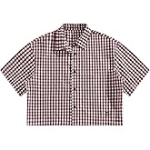 SHENHE Men's Plaid Button Down Short Sleeve Cropped Shirt Gingham Collared Shirt Top