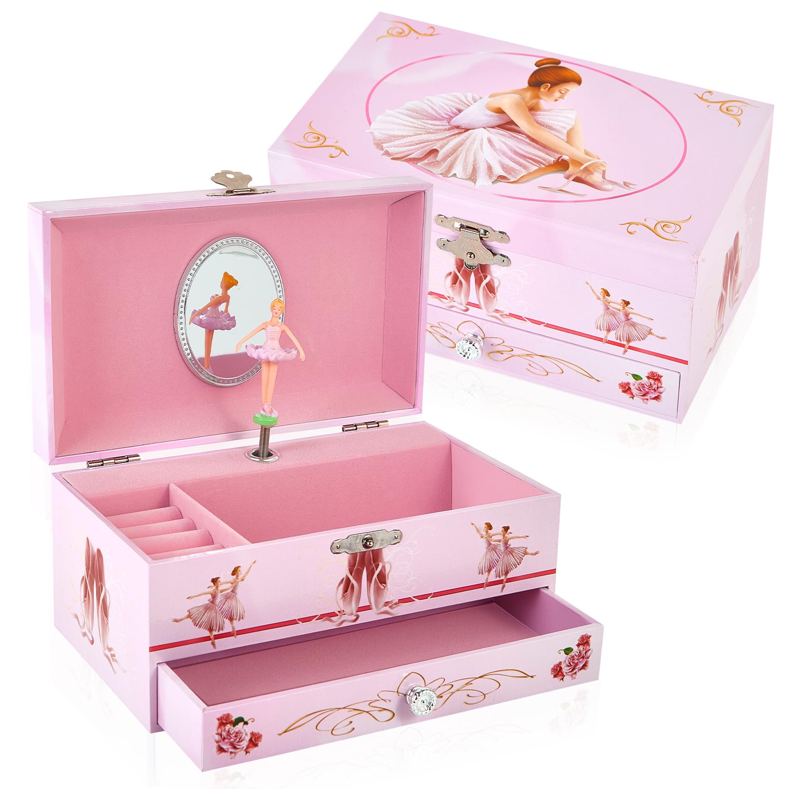 TAOPU Classical Ballerina Musical Jewelry Box with Drawer and Dancing Ballerina,Girls Gifts for Kids Jewel Storage, Girls Music Box for Kids Ages 3-12 Gift