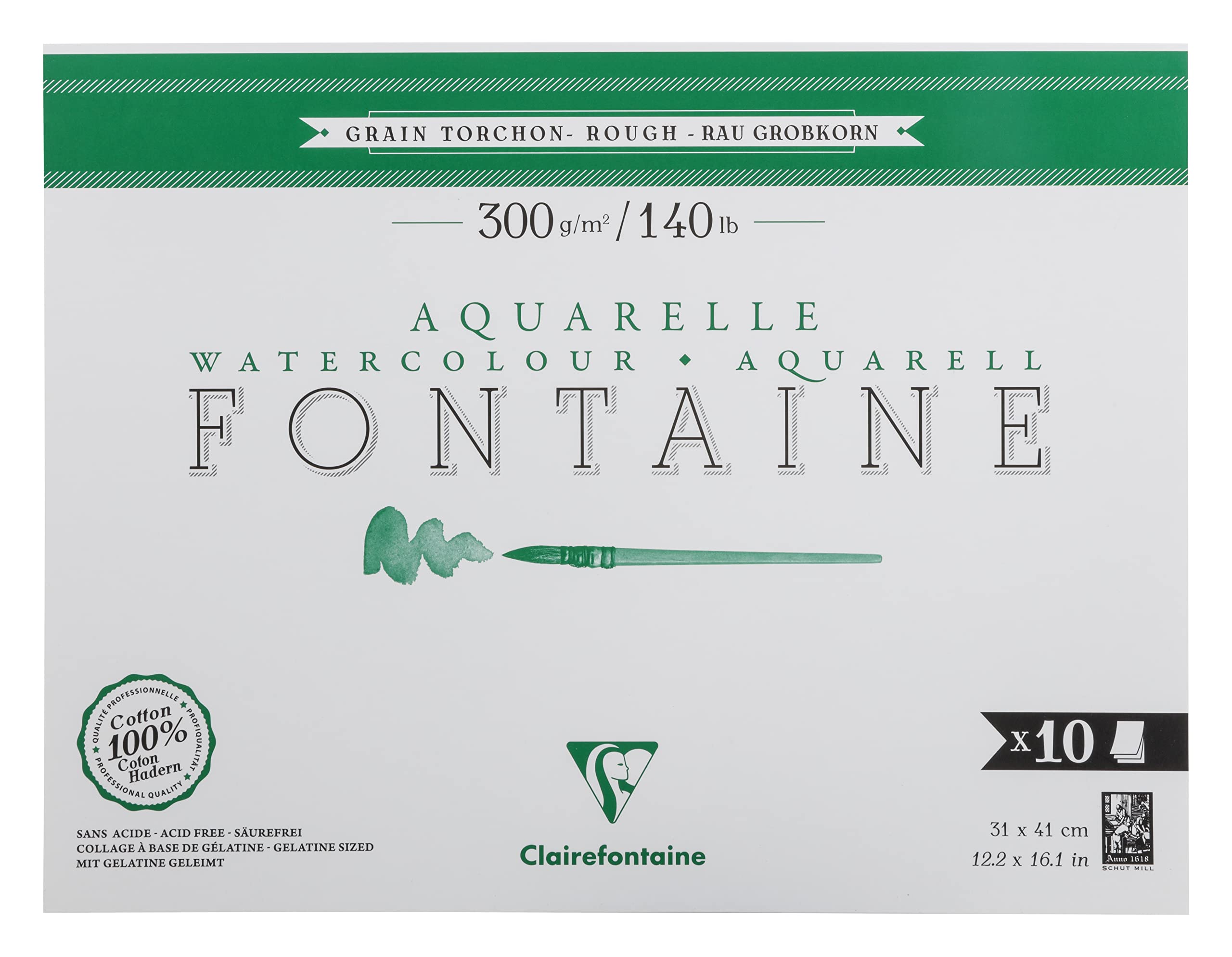 Clairefontaine 975516C Fontaine 1-Sided Glued Pad - 10 Sheets of 100% Cotton White Watercolour Paper, Torchon Grain, Professional Quality, 31x41 cm, 300g