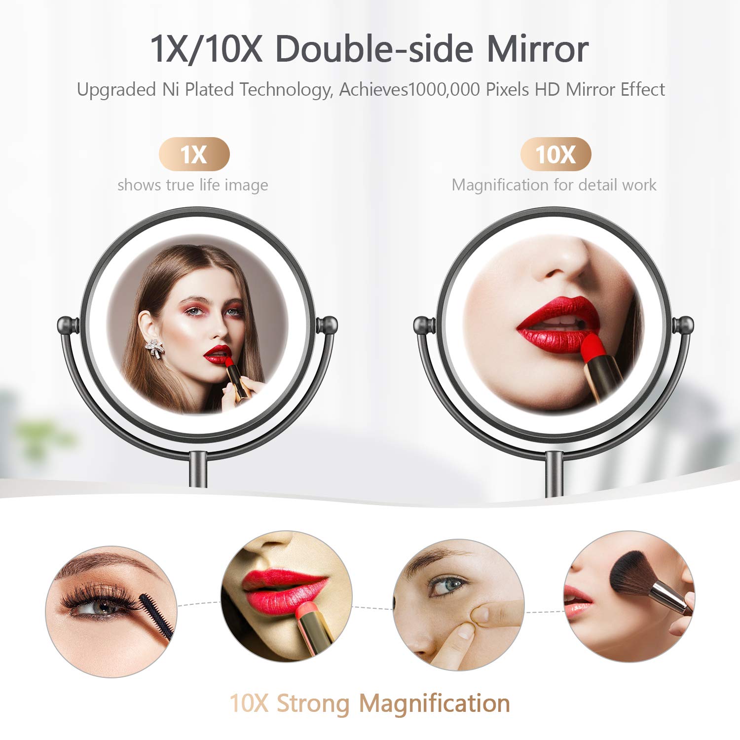 Professional 8.5" Lighted Makeup Mirror, 10X Magnifying Vanity Mirror with 32 Medical LED Lights, Senior Satin Nickel Cosmetic Mirror, Brightness Adjustable(0-1100Lux) Desk Lamp Night Light Alternative : Beauty