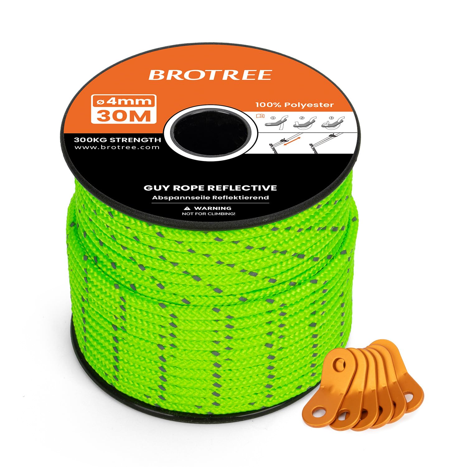 BROTREE Tent Guy Rope 4mm 30m Reflective Guy Line Heavy Duty Guide Rope with 6Pcs Aluminum Tensioners for Tent Gazebo Awning Camping (Neon Green)